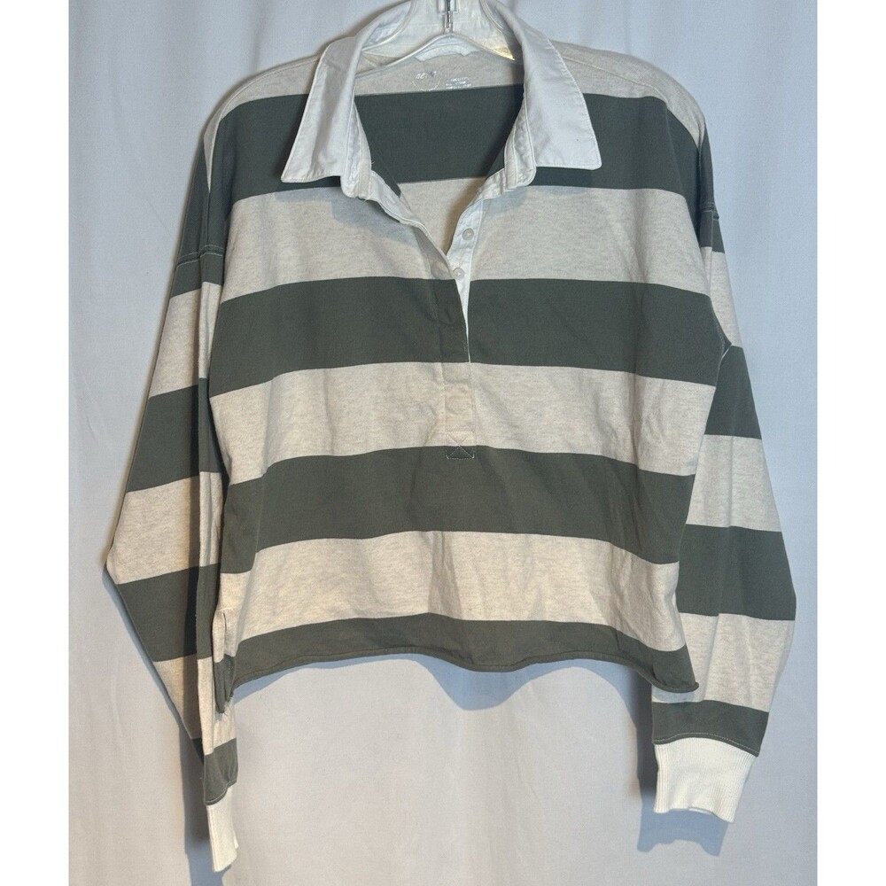 NWT  Aerie Sporty Prep Rugby Polo Green Beige Long Sleeve Striped Top Cropped Sm